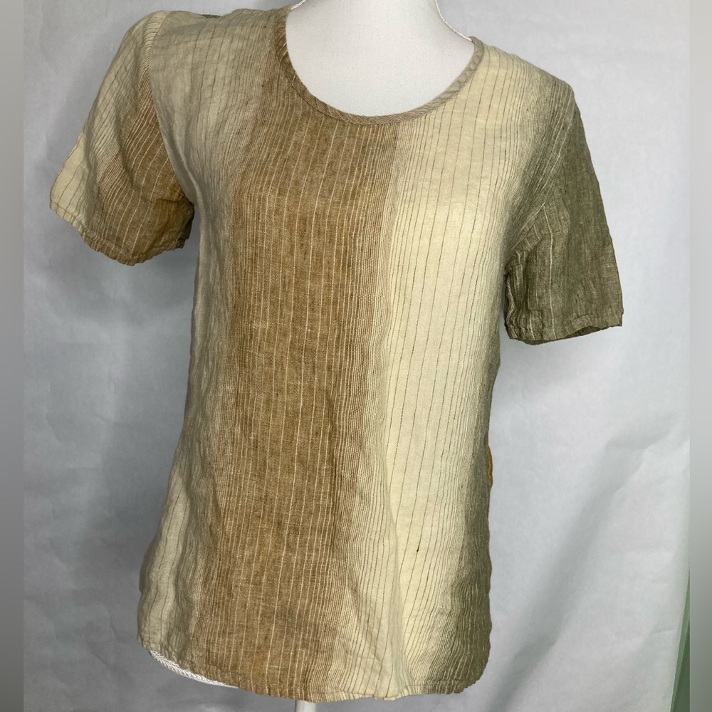 FLAX Linen Size Small Top Blouse Pullover Short Sleeve Scoop Neck Stripe Tee